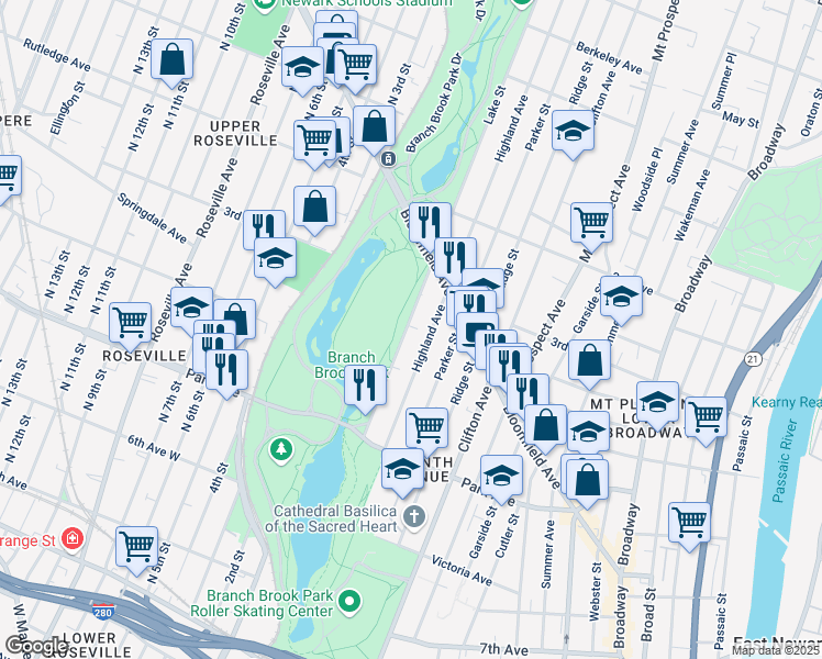 map of restaurants, bars, coffee shops, grocery stores, and more near 297 Lake Street in Newark