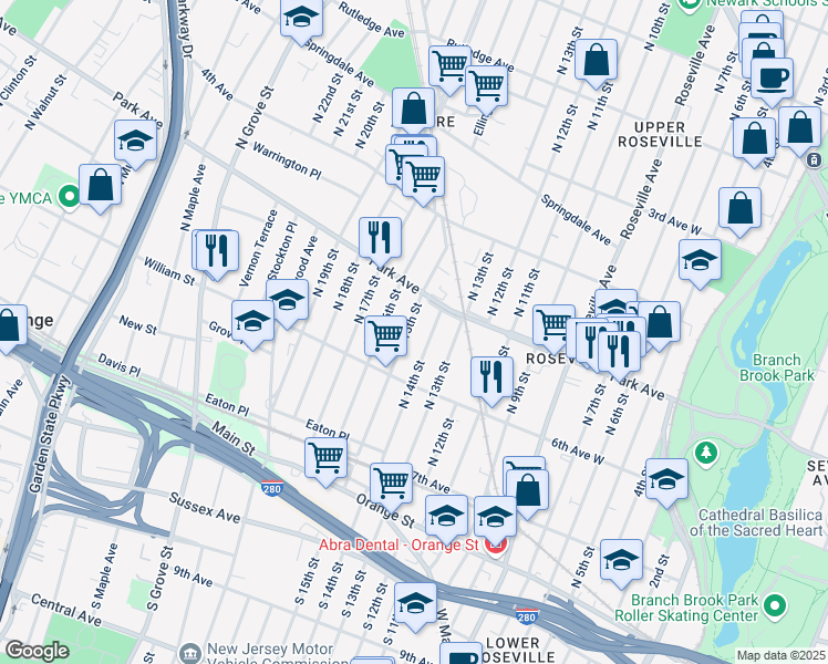 map of restaurants, bars, coffee shops, grocery stores, and more near 163 North 14th Street in East Orange