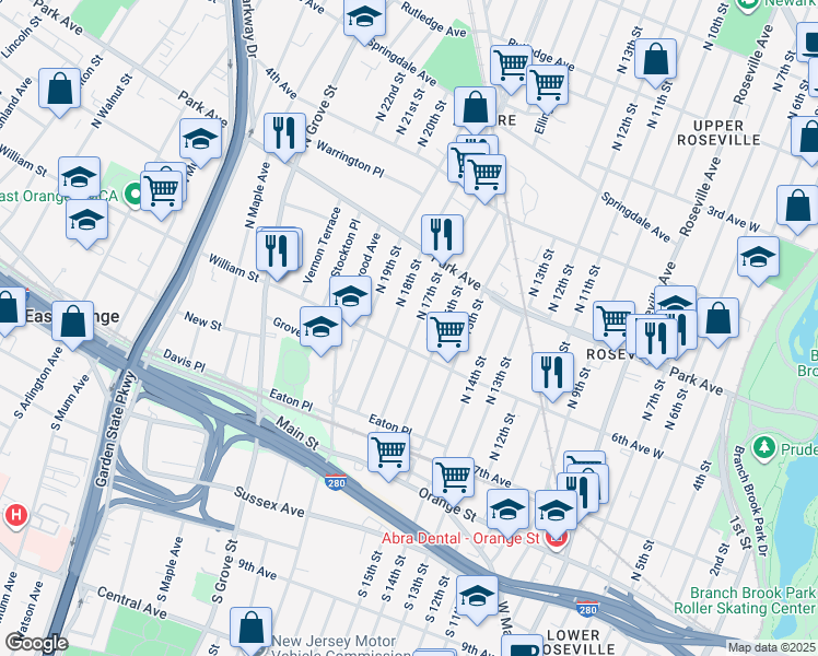 map of restaurants, bars, coffee shops, grocery stores, and more near 95 North 17th Street in East Orange