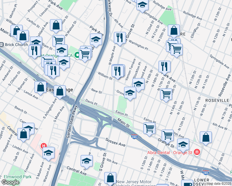 map of restaurants, bars, coffee shops, grocery stores, and more near 132 County Road 509 in East Orange
