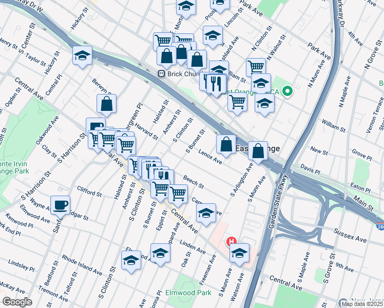 map of restaurants, bars, coffee shops, grocery stores, and more near 95 South Burnet Street in East Orange