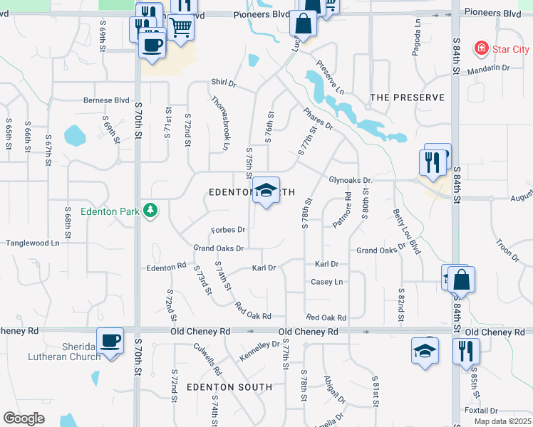 map of restaurants, bars, coffee shops, grocery stores, and more near 5200 S 75th St in Lincoln