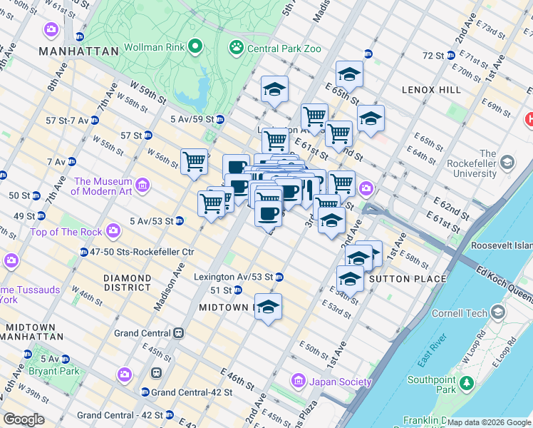 map of restaurants, bars, coffee shops, grocery stores, and more near 445 Park Avenue in New York