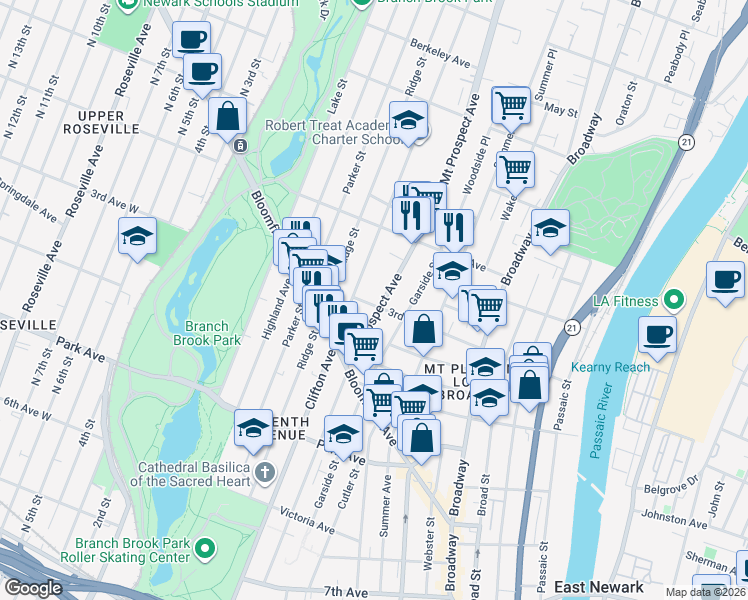map of restaurants, bars, coffee shops, grocery stores, and more near 260 Mount Prospect Avenue in Newark