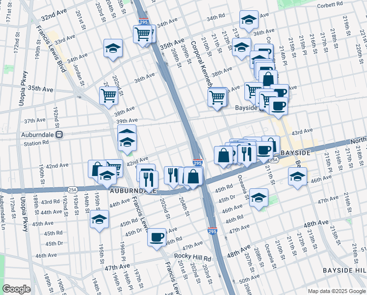map of restaurants, bars, coffee shops, grocery stores, and more near 205-16 42nd Avenue in Queens