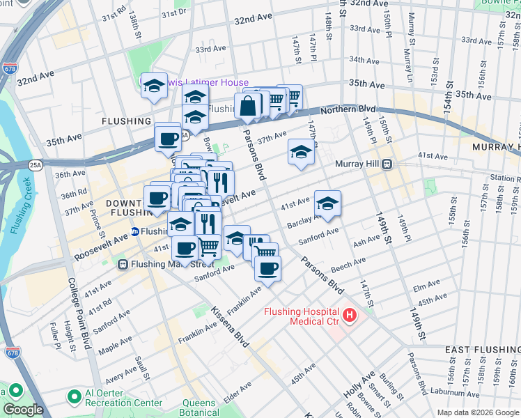 map of restaurants, bars, coffee shops, grocery stores, and more near 143-43 41st Avenue in Queens