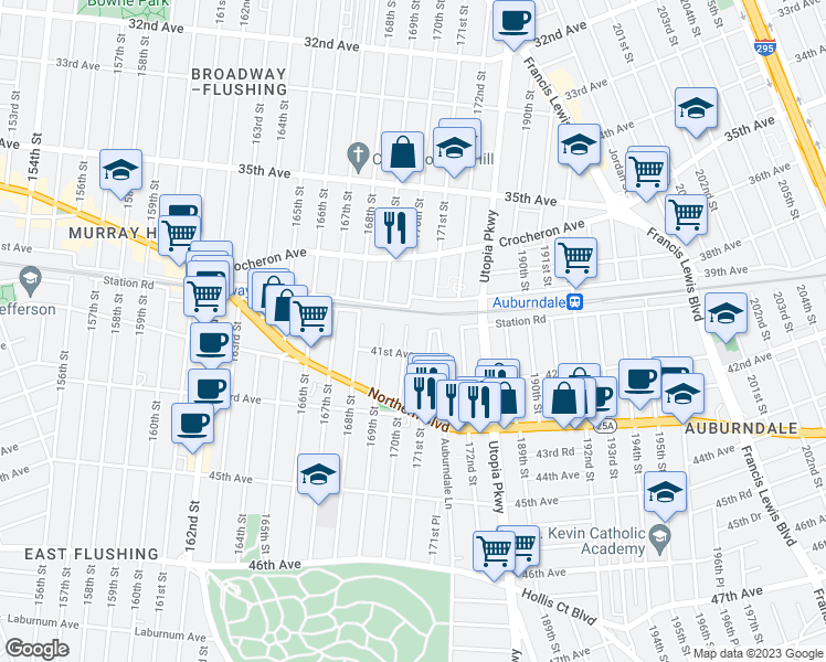 map of restaurants, bars, coffee shops, grocery stores, and more near 40-03 170th Street in Queens