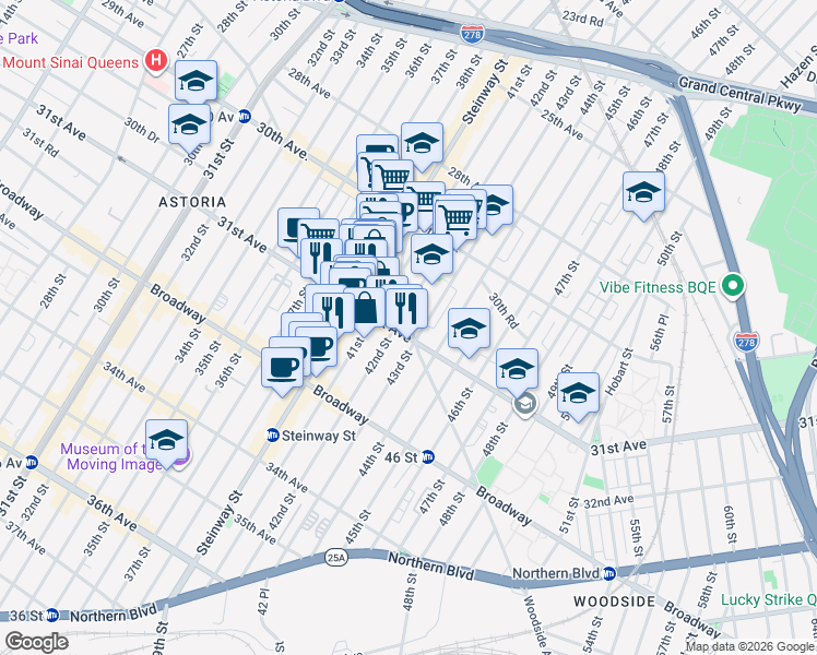 map of restaurants, bars, coffee shops, grocery stores, and more near 42-09 31st Avenue in Queens