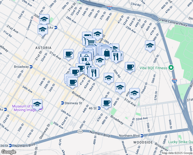 map of restaurants, bars, coffee shops, grocery stores, and more near 30-96 43rd Street in Queens