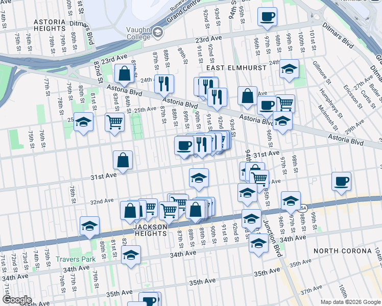 map of restaurants, bars, coffee shops, grocery stores, and more near 30-27 89th Street in Queens
