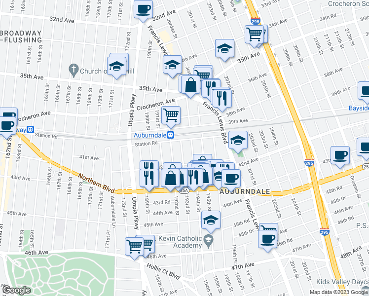 map of restaurants, bars, coffee shops, grocery stores, and more near 40-15 193rd Street in Queens