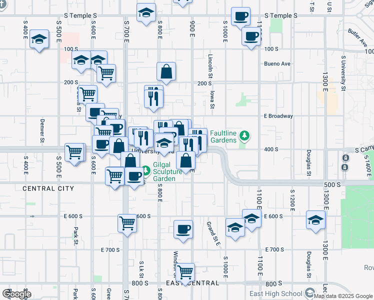 map of restaurants, bars, coffee shops, grocery stores, and more near 860 University Boulevard in Salt Lake City