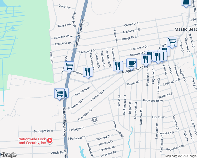 map of restaurants, bars, coffee shops, grocery stores, and more near 515 Neighborhood Road in Shirley