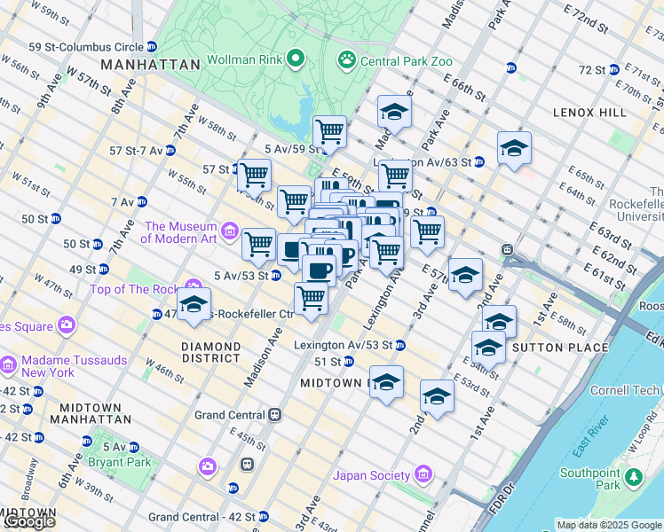 map of restaurants, bars, coffee shops, grocery stores, and more near 55 East 55th Street in New York