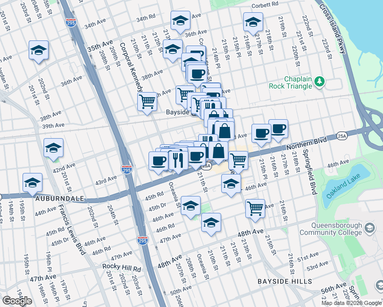 map of restaurants, bars, coffee shops, grocery stores, and more near 210-1 43rd Avenue in Queens