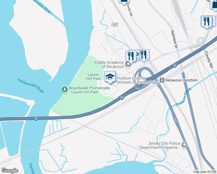 map of restaurants, bars, coffee shops, grocery stores, and more near 1 High Tech Way in Secaucus