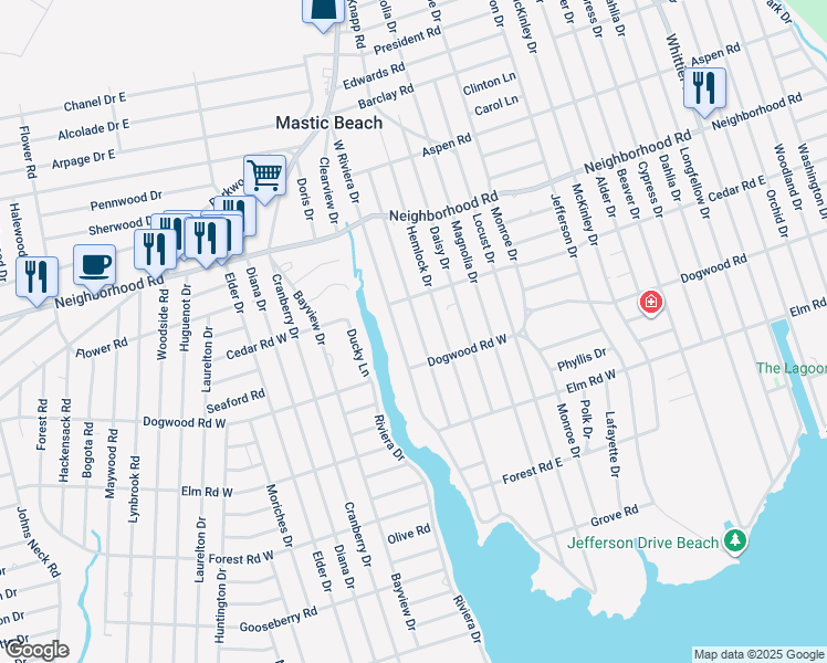 map of restaurants, bars, coffee shops, grocery stores, and more near 33 Overlook Drive in Mastic Beach