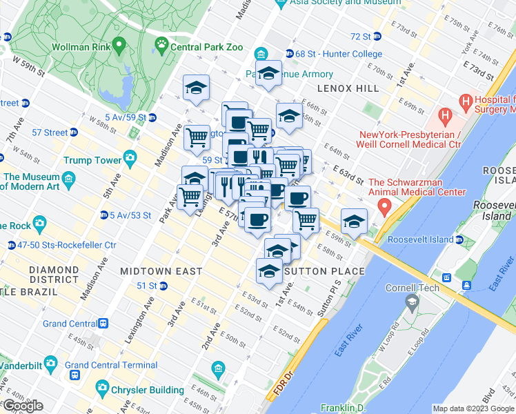 map of restaurants, bars, coffee shops, grocery stores, and more near 221 East 58th Street in New York
