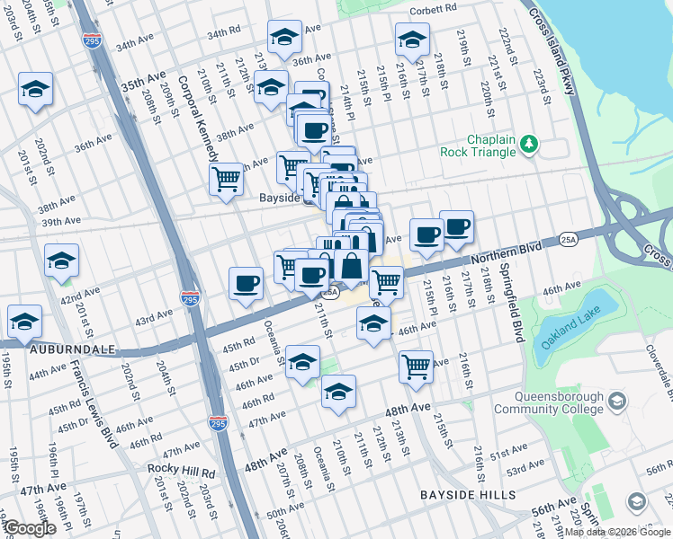 map of restaurants, bars, coffee shops, grocery stores, and more near 212-02 43rd Avenue in Queens