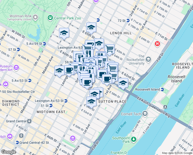 map of restaurants, bars, coffee shops, grocery stores, and more near 2nd Ave & E 59th St in New York