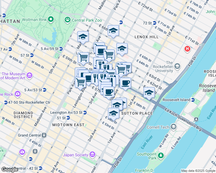 map of restaurants, bars, coffee shops, grocery stores, and more near 969 3rd Avenue in New York