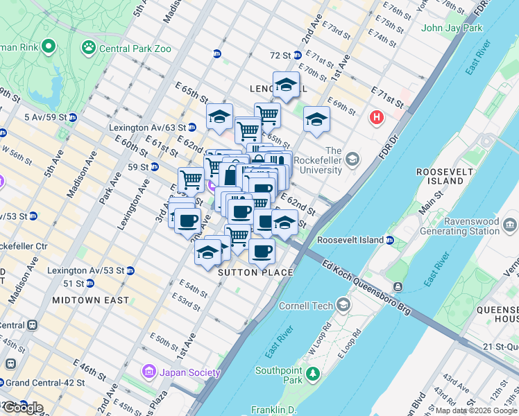 map of restaurants, bars, coffee shops, grocery stores, and more near 330 East 61st Street in New York