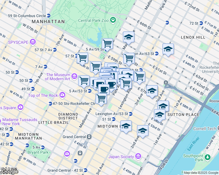 map of restaurants, bars, coffee shops, grocery stores, and more near 57 East 55th Street in New York