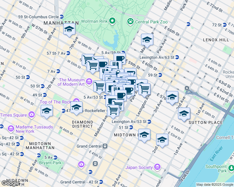 map of restaurants, bars, coffee shops, grocery stores, and more near 16 East 54th Street in New York