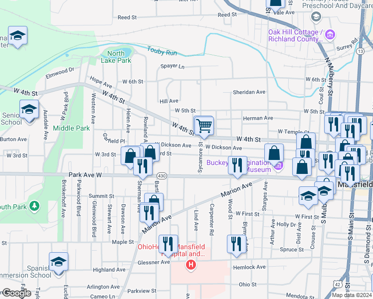 map of restaurants, bars, coffee shops, grocery stores, and more near 392 West 3rd Street in Mansfield