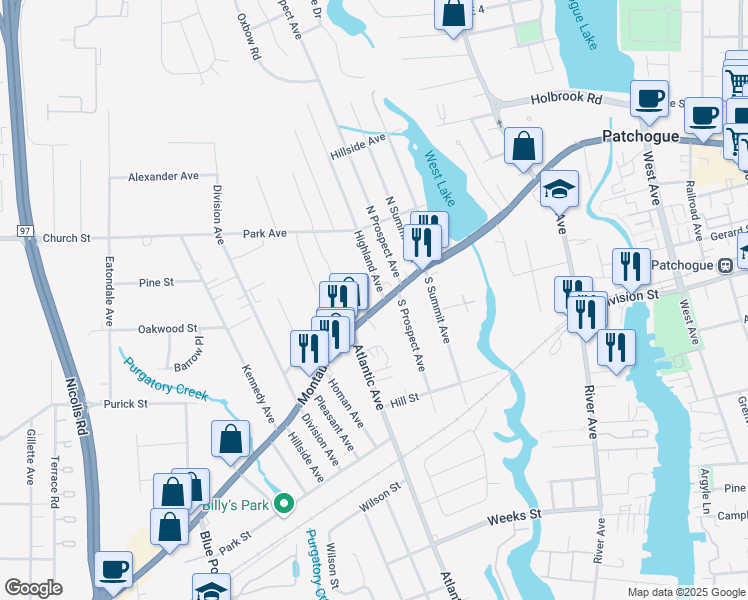 map of restaurants, bars, coffee shops, grocery stores, and more near 475 Montauk Highway in Patchogue