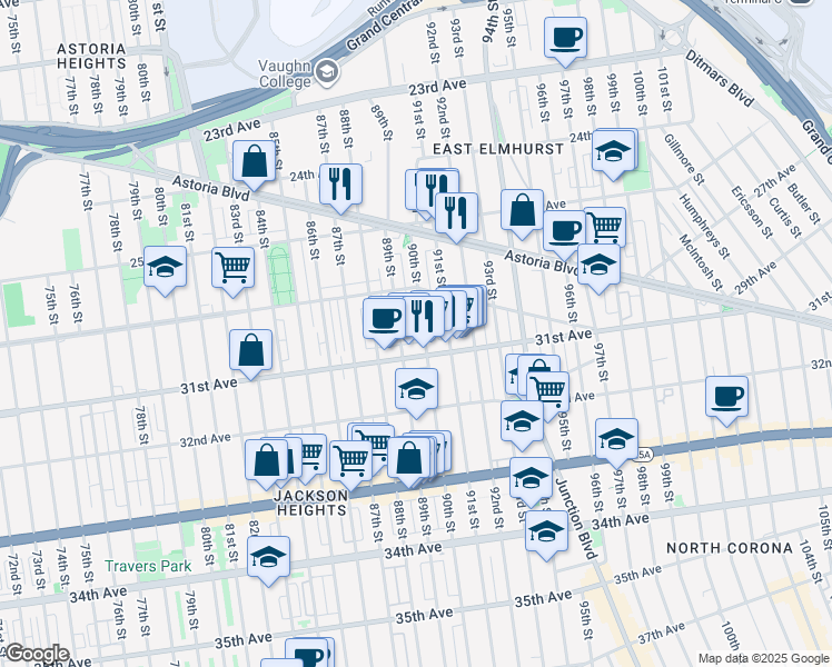 map of restaurants, bars, coffee shops, grocery stores, and more near 30-27 89th Street in Queens