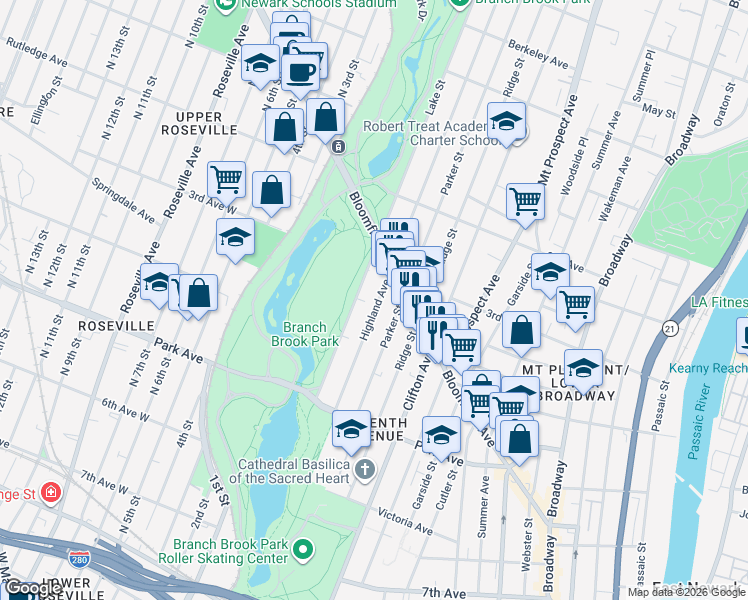 map of restaurants, bars, coffee shops, grocery stores, and more near 136 Highland Avenue in Newark