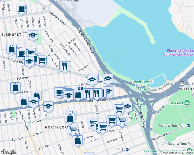 map of restaurants, bars, coffee shops, grocery stores, and more near 10723 Astoria Boulevard in Queens