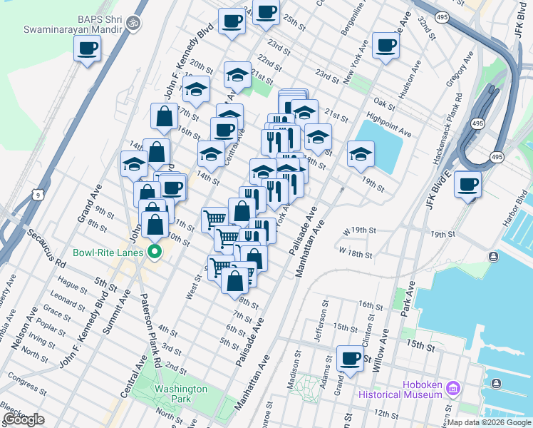 map of restaurants, bars, coffee shops, grocery stores, and more near 1317 Bergenline Avenue in Union City
