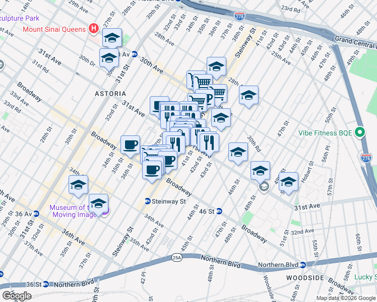 map of restaurants, bars, coffee shops, grocery stores, and more near 31-14 41st Street in Queens