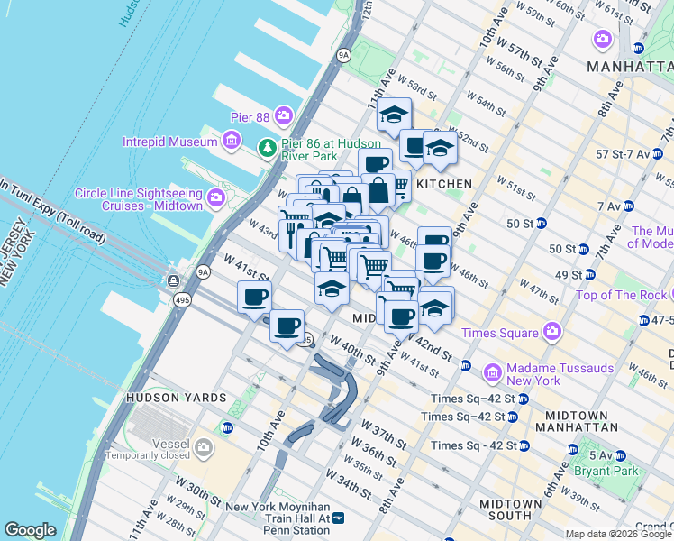map of restaurants, bars, coffee shops, grocery stores, and more near 513 West 43rd Street in New York