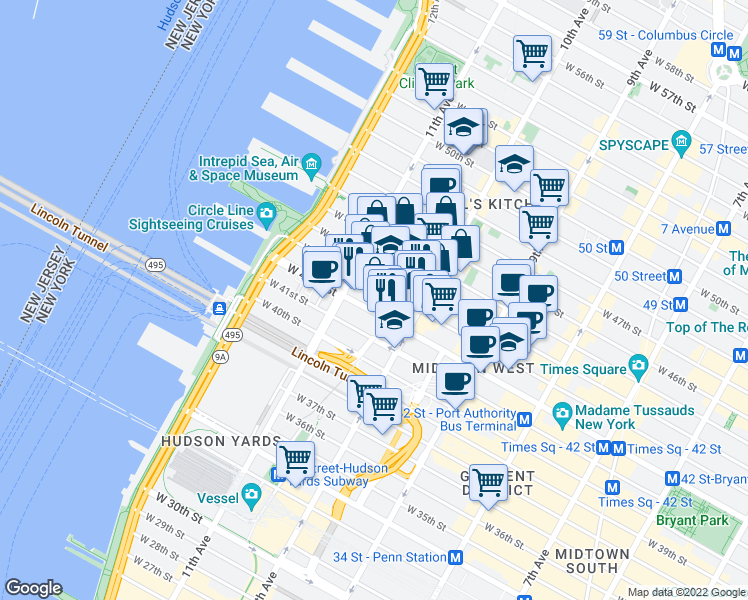 map of restaurants, bars, coffee shops, grocery stores, and more near 532 West 43rd Street in New York