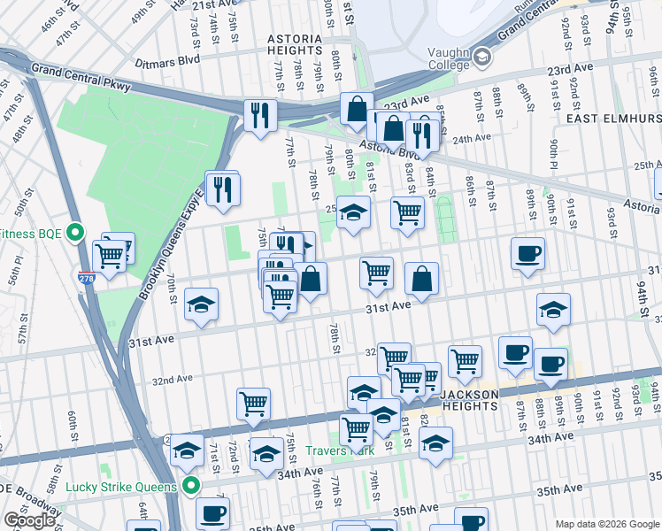 map of restaurants, bars, coffee shops, grocery stores, and more near 30-03 78th Street in Queens
