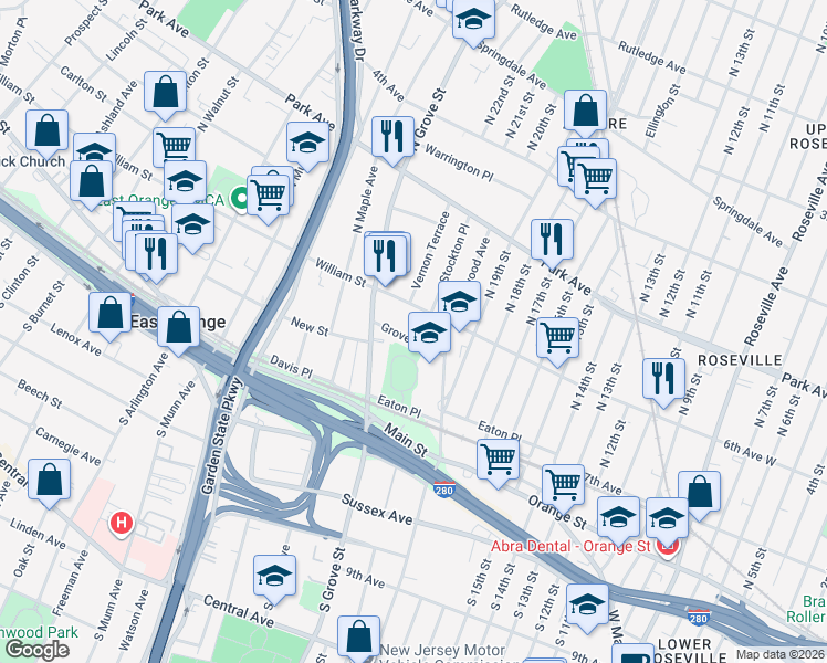 map of restaurants, bars, coffee shops, grocery stores, and more near 155 William Street in East Orange