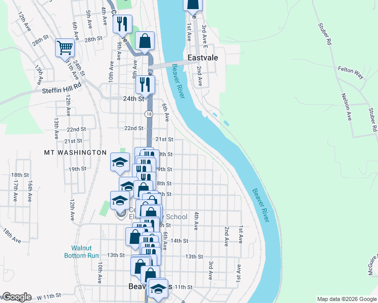 map of restaurants, bars, coffee shops, grocery stores, and more near 418 20th Street in Beaver Falls