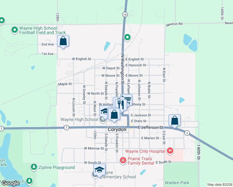 map of restaurants, bars, coffee shops, grocery stores, and more near 201 West North Street in Corydon