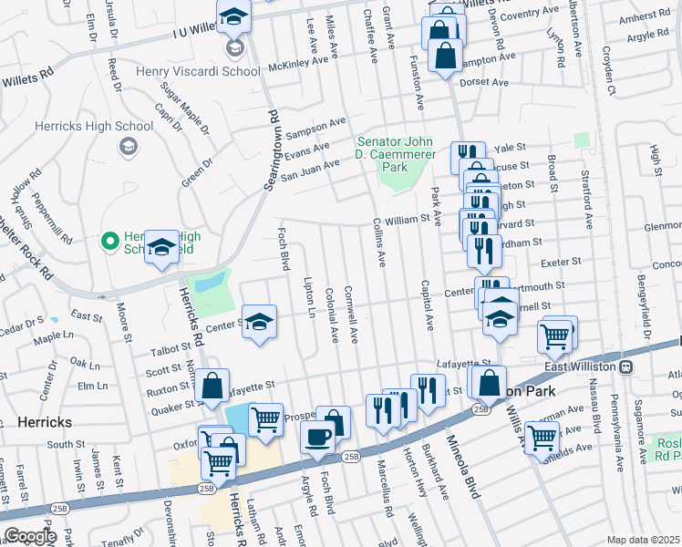 map of restaurants, bars, coffee shops, grocery stores, and more near 222 Cornwell Avenue in Williston Park