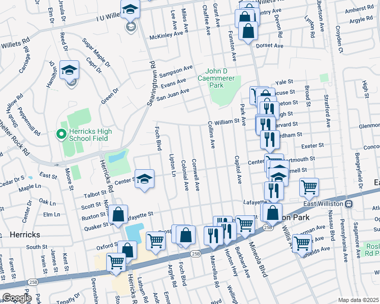 map of restaurants, bars, coffee shops, grocery stores, and more near 222 Cornwell Avenue in Williston Park