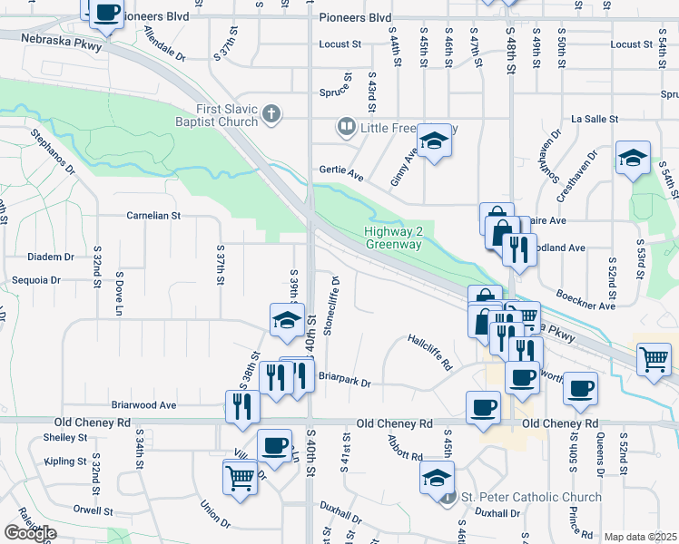map of restaurants, bars, coffee shops, grocery stores, and more near 5324 Stonecliffe Drive in Lincoln