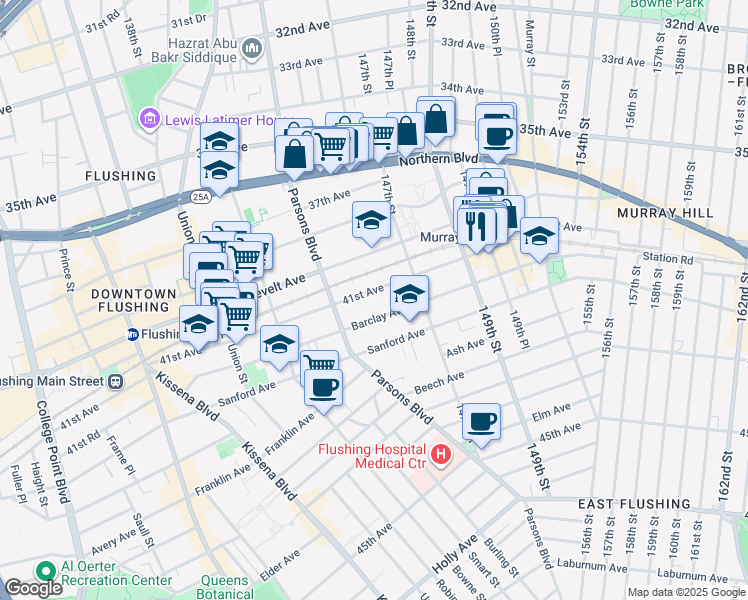 map of restaurants, bars, coffee shops, grocery stores, and more near 144-62 41st Avenue in Queens