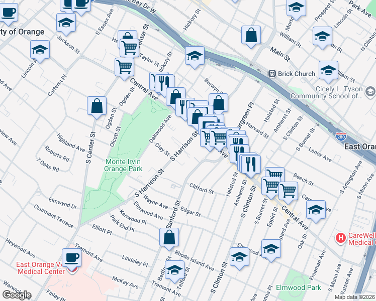 map of restaurants, bars, coffee shops, grocery stores, and more near 240 South Harrison Street in East Orange