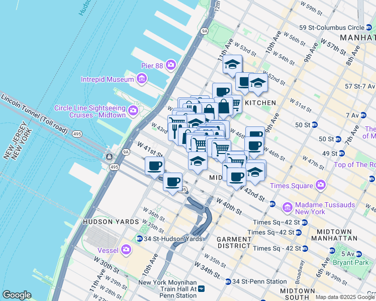 map of restaurants, bars, coffee shops, grocery stores, and more near 529 West 42nd Street in New York