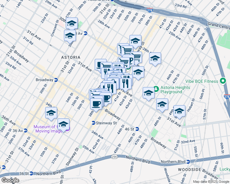 map of restaurants, bars, coffee shops, grocery stores, and more near 3107 Steinway Street in Queens