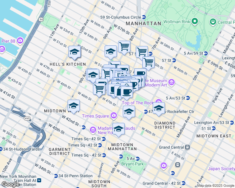 map of restaurants, bars, coffee shops, grocery stores, and more near in New York
