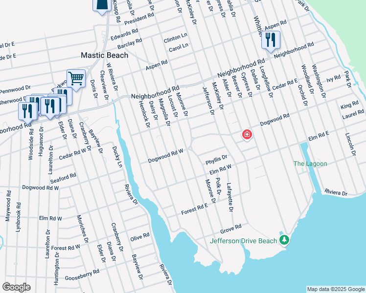 map of restaurants, bars, coffee shops, grocery stores, and more near 112 Locust Drive in Mastic Beach